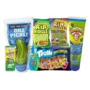 DILL PICKLE KIT WITH RIP ROLLS, WARHEADS SOUR CANDY AND TROLLI BRITE CRAWLERS