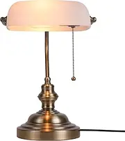 Newrays Glass Banker Desk Lamp with Pull Chain Switch Plug in Fixture (Matte White)