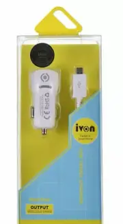 ivon Dual USB CAR CHARGER 5V 3.1A 12V - 24V + Free USB-A - Micro USB Cable White