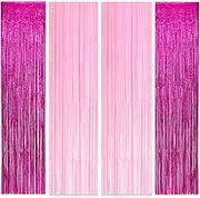 Boopati 3.2x6.5 ft Pink & Rose Red Metallic Tinsel Foil Fringe Curtains for BarbeePrincess Theme Party, Birthday Decorations, Streamers, Party Decor - 4 Packs