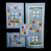 Dutch Windmill Tulip Quilt Pattern, 16x22 vtg Wall Hanging Table Runner Placemat