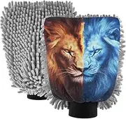 XYMZR Absorbent Microfiber Car Wash Mitt Lion Face Blue Orange, Funny Cute Anime Scratch Free for Cars Cleaning, Home Cleaning Mitts, 2 Pack, 10.24” L x 7.09” W