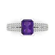 2.7 ct Emerald split shank Natural Amethyst Promise Wedding Ring 14k White Gold