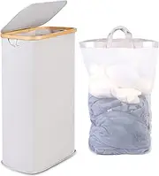 efluky 63L Slim Laundry Baskets with Lid, Collapsible Laundry Hamper with Removable Bag, Small Slimline Washing Basket for Dirty Clothes, Cloth Storage Basket Light Grey