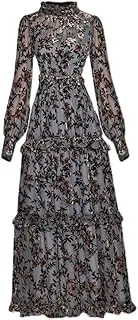 [Bciopll] Autumn Mesh Dresses Women's Stand-Up Collar Lantern Sleeve Flocking Print Vintage Long Party Dress