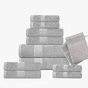 Towels 12 Piece Bale Towel Set - 2 Bath Towels, 2 Mitt Gloves, 4 Hand Towels and 4 Washcloths 100% Cotton Hotel Quality Super Soft and Highly Absorbent (Silver)