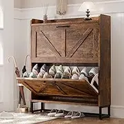 Wooden Shoe Storage Cabinet, Shoe Storage Cabinet with 2 Flip Drawers, Hidden Shoe Rack Storage Organizer, Freestanding Organizer, Narrow Shoe Rack Cabinet with Metal Corner Decoration, Brown