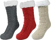 [Sooneeya] Slipper Socks for Women with Grips Non Slip Thick Warm Cozy Soft House Slipper Socks Christmas Gifts Grey Red Light Khaki -3 Pair, C-grey Red Light Khaki -3 Pair