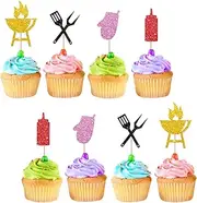 24pcs Barbecue Cupcake Toppers, BBQ Cupcake Toppers for Summer Picnic Party, Black Glitter Baby Q Cake Decorations for Baby Shower/Birthday Party Supplies
