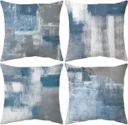 Balaena Blue and Grey Decorative Throw Pillow Covers Aqua Gray Navy Blue Abstract Art Painting 18x18 Inch Modern Cushion Cover 4 Pcs Accent Pillowcase for Sofa Couch Bed Living Room Outdoor Home Décor