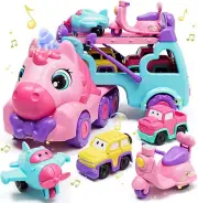 Toys for 2 Year Old Girls, Toy Cars Unicorn Carrier Truck Toy Girl, 5 in 1 Frict