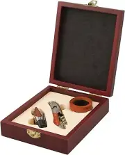 New 3 Piece Wine Set Corkscrew Foil Cutter Stopper Mahogany Box