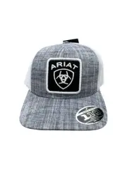 New ARIAT Men's Flex Fit 110 Cap Grey White Trucker SnapBack Mesh Raised Patch