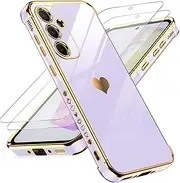 [LeYi] for Samsung Galaxy A35 5G Case with Tempered Glass Screen Protector [2 Pcs]+ Full Camera Lens Protection, Love Heart Plating Girly Cute Luxury Soft TPU Shockproof Case for Samsung A35 5G, Purple