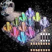 MKNZOME Holographic Ultra Fine Glitter Powder Set, Rainbow Neon Pearl Pearl Pigment Manicure Glitter Dust - Laser Chameleon Rainbow Powder (12 Colors)