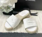 Chanel White Lambskin Espadrille Slip On Sandals Slides Shoes Size 39! NEW!