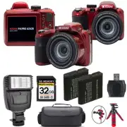 Kodak PIXPRO AZ425 Digital Camera (Red) + Extra Battery + Flash - 32GB Kit