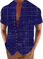 Mens Linen Shirts Short Sleeve Button Down Casual T Shirts Summer Tropical Lightweight Comfy Plaid Hippie Shirts