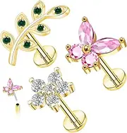 FLOGWE 3 PCS 16G 316L Pushin Nose Stud Rings Leaf and Flower Lip Rings Top Push in Threadless Surgical Steel Butterfly Flat Back Helix Tragus Cartilage Stud Earring for Womens