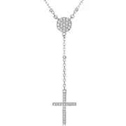 Sterling Silver Cross Drop Rosary Necklace with Cubic Zirconia