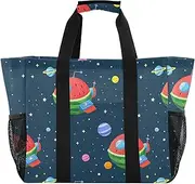 [sanluoli] Large Tote Bag For Women Foldable Beach Tote Sandproof with Handles Canvas Laundry Bag, Fun Watermelon Galaxy Spaceship Navy Blue, 1 size