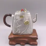 Pure Solid S999 Fine Silver Teapot Handmade Lotus Healthy Water Wine Pot 4.4in H