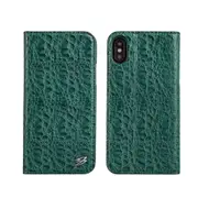 For iPhone XS,X Wallet Case,Fierre Shann Crocodile Genuine Leather Cover,Green