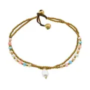 Double Strand Pearl Charm Colorful Mixed Stone and Brass Bead Jingle Bell Anklet