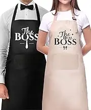 Couple Aprons for Cooking-The Boss The Real Boss Apron Set Funny Adjustable Baking Aprons His and Her Engagement Anniversary Wedding Valentines Day Bridal Shower Gift, Black, 27.5Lx31.4W INCHS