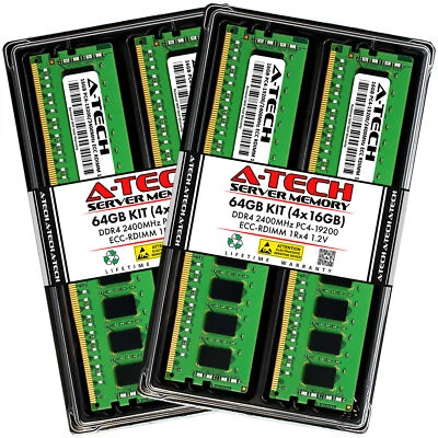 A-Tech 64GB 4x 16GB 1Rx4 PC4-19200R DDR4 2400MHz ECC REG RDIMM Server Memory RAM