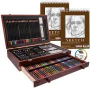 145pc Wood Box Art Painting, Drawing Set, 2 Sketch Pads, 24 Watercolors, Pencils