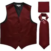 New Men's burgundy formal vest Tuxedo Waistcoat ascot hankie set wedding prom