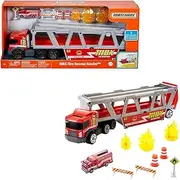 Matchbox Fire Rescue Hauler Playset Themed Hauler with 1 Fire-Themed Vehicle, Holds 16 Cars, Easy-Release Ramp, 8 Accessories & Storage, for Kids 3 Years Old & Up