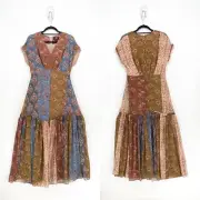 Sachin & Babi Women 4 Angelica Dress Brown Blue Maxi Patchwork Floral Tiered NEW