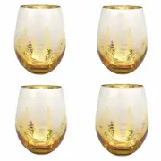 x4 Christmas Gold Pine Trees Stemless Wine Glass Set Frosted Winter Forest Stars