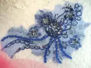 Embroidered 3D Applique Blue Silver Floral Sequin Patch 14" (DH75)