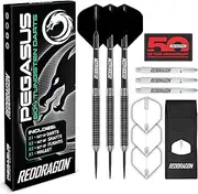 Pegasus Tungsten Steel Darts Set - Black Red Dragon Shafts, Black Winmau Flights, Wallet & Red Dragon Checkout Card