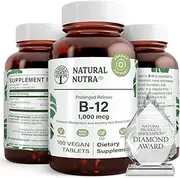 Natural Nutra Vegan Vitamin B12 1000 mcg, Cobalamin B 12 Supplement, Time Released with Calcium for Optimal Absorption, Energy and Brain Health, Non GMO, Gluten Free, 100 Tablets