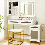 Giantex Makeup Vanity Desk w/Lighted Mirror, Dressing Table and Stool Set w/Charging Station, 3-Color LED Lights, Jewelry Armoire, Storage Cabinet, Drawers and Open Shelf, White