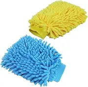 FUNNTY 2PCS Car Wash Mitt,Scratch-Free Car Wash Mitt,Microfiber Wash Mitt, Double-Sided Car Washing Gloves,for Car, Truck, SUV and More(Blue & Yellow)
