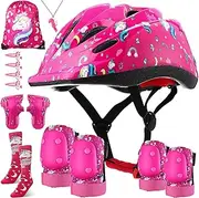 Saysurey 14 Pcs Bike Helmet Knee Pads Knee Elbow Pads Wrist Guards with Drawstring Bag Adjustable Pink Protective Gear Set with Socks Whistle and Hairpin for Girls Inline Skating Bike Cycling(Unicorn)