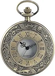 [Generic] Vintage Pocket Watch - Bronze Alloy Pocket Watch with Chain Button Battery | Necklace Large Roman Watch | Classic Pattern Watch for Men and Women
