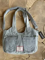 True Religion Shoulder Bag Light Denim Boho Slouch Front Pockets Satchel Handbag
