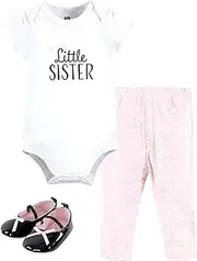 [HUDSON BABY] Unisex Baby Cotton Bodysuit, Pant and Shoe Set, Little Sister Bow, 9-12 Months, Little Sister Bow