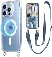 UnnFiko for iPhone 15 Pro Case Compatible with Magsafe Clear, Crossbody Phone Case with Shoulder Strap, Shockproof Protection, Magnetic Phone Case for iPhone 15 Pro (Navy Blue Lanyard)