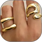 [Rrdaily] 14k Gold Chunky Open Ring Set for Women Adjustable Double Line Shape Twist Knuckle Ring Silver Fashion Wrap Finger Ring for Girl Graduation Gift