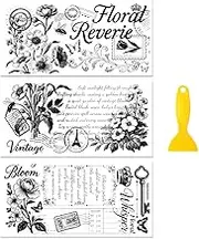 Peacoblue Rub on Transfer Decal Sticker for Furniture Craft Decor 6"x12" Black Text Vintage Flowers, 3Pcs Waterproof UV DTF Transfer for Drawer Dresser Glass Porcelain Wood Plastic