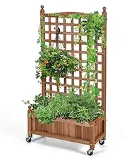 Giantex Mobile Plant Raised Bed, Wood Planter with Lattice Trellis and Wheels, Flower Box for Plant Climbing, Vertical Garden for Balcony Patio Yard 25"x11"x 50"