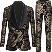 [TENNIEX] Men's Suits, 2 Piece Temperament Jacquard Classic Slim Fit Men's Suit, for Casual Formal Business Wedding Banquets Proms Party Blazer Trousers Suit