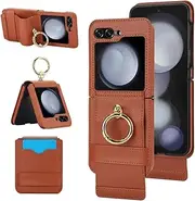 UYPTK Ring Phone Case for Samsung Galaxy Z Flip 6 5 4 3 Flip6 Flip5 Flip4 Flip3 5G with Card Holder Purse Lanyard Leather Cover,Brown,for Galaxy Z Flip 5